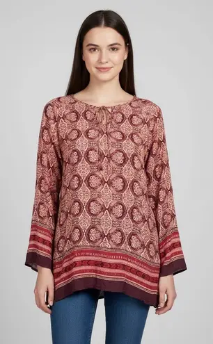 Artisan NY Tunic Top Womens 1X Pink Burgundy Paisley Print Shirt Boho Tassels