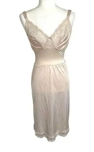 Vassarette  Vintage Size 34 Slip Dress Lingerie Silky Nude Beige Lace Underwire