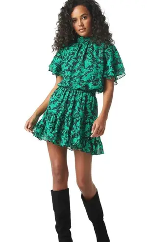MISA Los Angeles Saffie chiffon mini dress in shimmering emerald abstract small