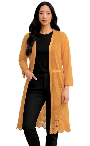 EMBER MESH LACE KIMONO MUSTARD YELLOW FLORAL EYELASH FRINGE DUSTER Gold Size L