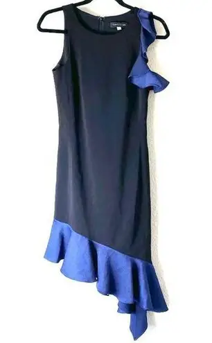 Slate + Willow Black & Blue Ruffled Asymmetrical Midi Dress Size 2