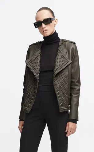 Nour Hammour Erin army green studded leather Biker jacket size FR 36 US 2 4 XS S