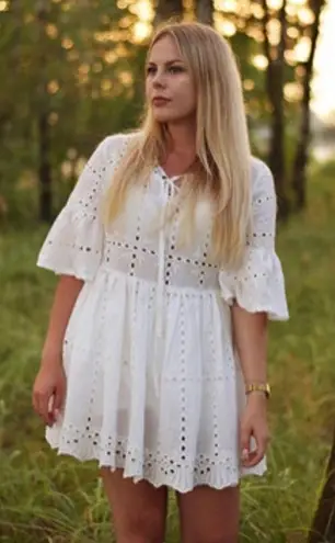 ✨Fluted Sleeve Eyelet Embroidered Smock Dress✨ White Size M