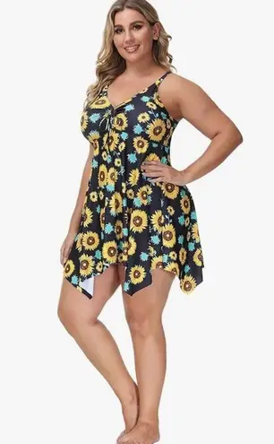 Hanna Nikole Womens Swimsuit Dress Sunflower Print Asymmetrical Hem Blue Yellow Size 18W