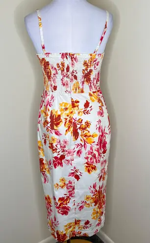 Great Jones Floral Midi Dress 10 White Faux Wrap Tie Waist Tulip Hem Smocked Multiple