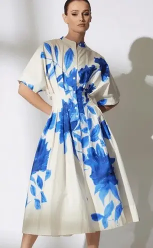 Natori White Blue Floral Collared Front Button Cinched Waist Andora Dress Size 2