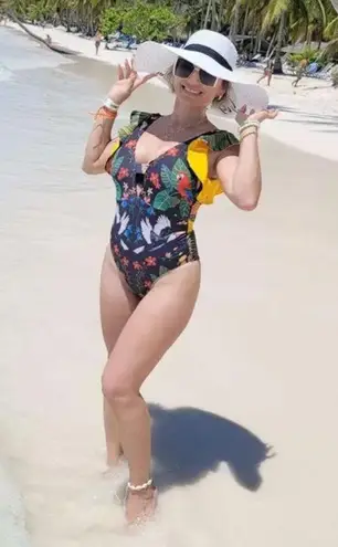 Summer cute safari printed 90's vibe style one piece swimsuit with Self belt tie Green Size M