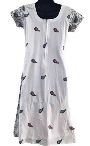 None Embroidered Peacock Feather Dress, Paisley Print White Casual Summer Dress Small