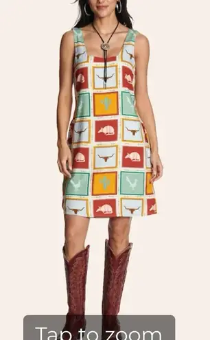 Cotton & Rye Colourful Patchwork Critter & Cactus Square Neck Dress Sz M NWT Blue Size M