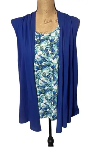 Basic Editions Blue and floral faux dual layer sleevelss t