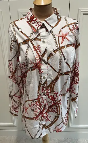Susan Graver  Bridle Coral Starfish Printed Button Up Shirt Artsy Equestrian - Image 1