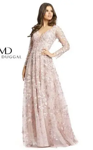Mac Duggal Pink Floral long Skeeve Lace Applique Deep V Neck ALine Gown Size 14