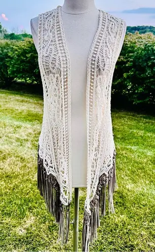 Origami Crochet & Lace Vest with Fringe, Boho Country Coachella, size S/M Tan