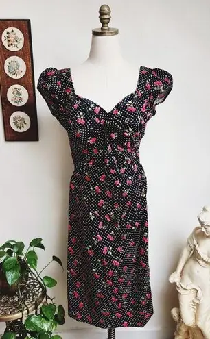 Vintage 90s Cherry Print Swiss Dot Black Wiggle Dress Large Size M