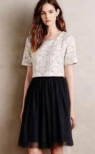 Anthropologie Weston  white laced top black tulle dress sz XS short sleeve