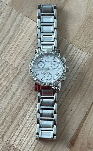 Bulova Diamonds Chronograph Ladies Watch White Dial Stainless Bracelet Date