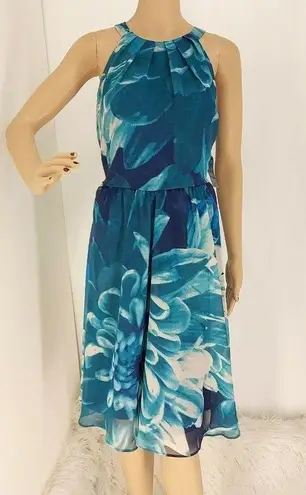 INC "" TRUE TEAL FLORAL TIE BACK  PLEATED NECK  A LINE DRESS SIZE: 12 NWT