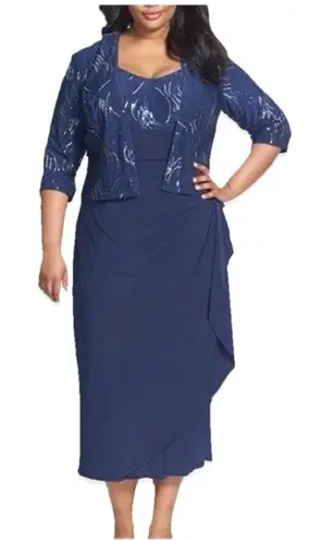 Alex Evenings Alex Evening Blue Sequins Two Piece Jacket Sleeveless Midi Dress Size 24W - Image 1