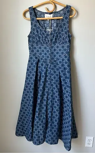 Mika & Gala Hair Down Square Neck A-Line Midi Dress Floral Denim Women’s Small