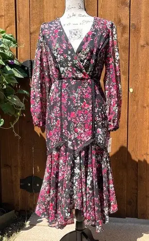 Danny & Nicole Black Floral Long Sleeve Midi Dress Berry Size 4 NWT