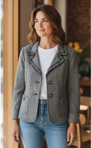 Weekend MaxMara Textured Tweed Ruffled Hem Linen Blend Blazer Size 12 Black