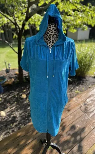 Swim 365 Women's Sz 14/16 Hooded Terry Swim Cover Up Blue Full Zip Short Sleeves