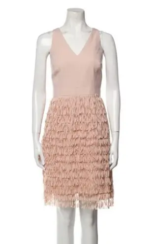 Aidan Mattox V-neck Sleeveless Crepe Fringe Skirt Mini Dress in Blush Pink