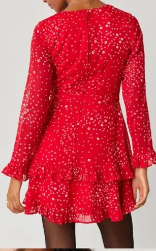 Red Lurex Floral Dress Long Sleeve and Ruffles Size XS