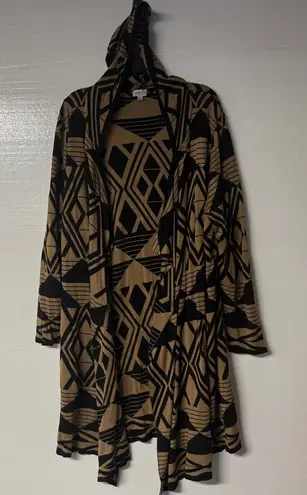 Avenue Cardigan Women 18/20 Tan Black Hooded Open Front Long Geometric Print
