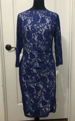 Kasper Laurissa Sheath Dress Sz Medium Royal Blue White Lace Floral Long Sleeve