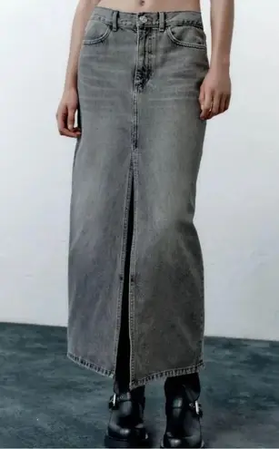 ZARA NWT  Slit Denim Midi Maxi Skirt Sz XS Black Grey Wash Distressed Grunge