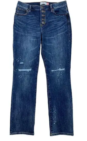 CAbi  Button Fly Straight Leg Jeans Womens Size 10 Distressed Paint Splatter