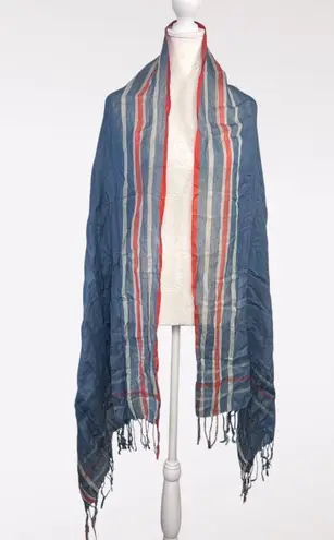 Vintage Blue Orange White Striped Fringe Scarf Rectangle Wrap Shawl