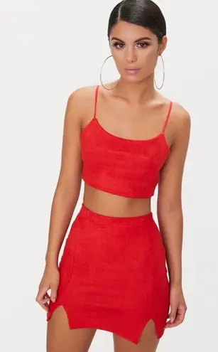 Pretty Little Thing Red Faux Suede Two Piece Skirt Set