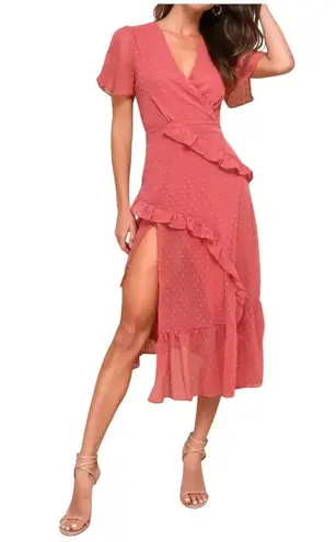 Lulus Next To You Rusty Rose Swiss Dot Ruffle Dress Women’s Size S Side Slit Pink