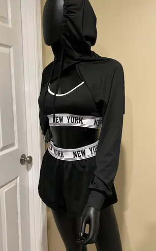 Sport 3pcs set boxer shorts top sport bra crop top hoodie mesh tape set yoga gym Black