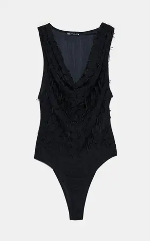 ZARA Black Cowl Neck Fringed Bodysuit S