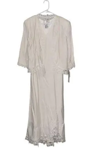 NWT Plaza South 2pc White Linen Battenberg Lace Trim Maxi Dress & Jacket Size 10 White