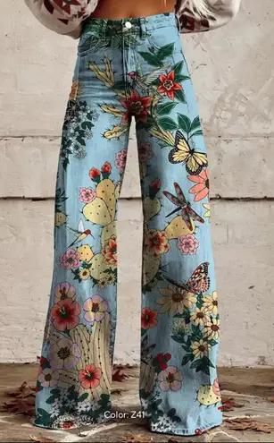 Floral Print Wide Leg Pants High Waist Bohemian Style Trousers L Blue Size L