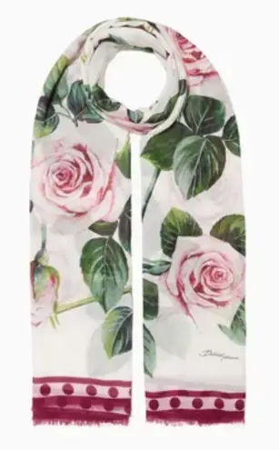 Dolce & Gabbana Floral Tropical Rose Print Cotton Scarf Wrap Pink White