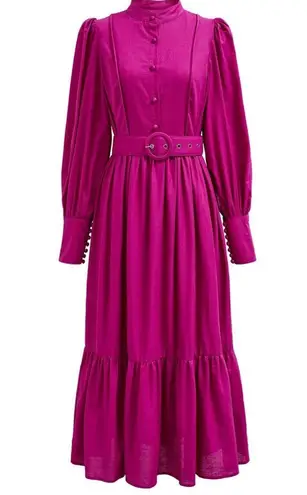 Chicwish NWT CHIC WISH Lantern Sleeve Button Down Linen-Blend Midi Dress in Magenta Sz M