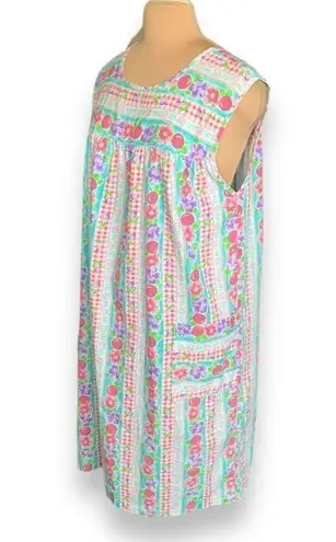 Vintage 80s Dress Colorful Fruit Floral Red Gingham Checkered Tropical Print Blue Size M