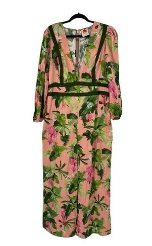 Farm Rio X Anthropologie Jumpsuit Womens XL Deep V Pink Palm Leaf Banana