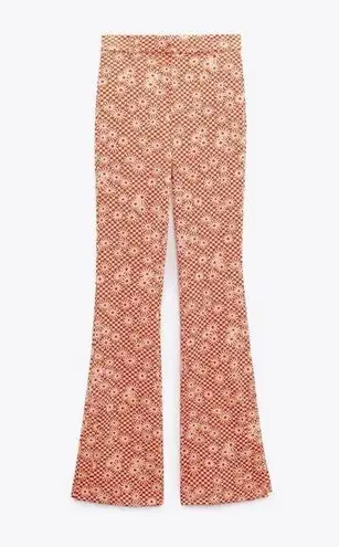 ZARA Pink and Cream Floral Checkered Patterned High Waisted Flare Pants size XS