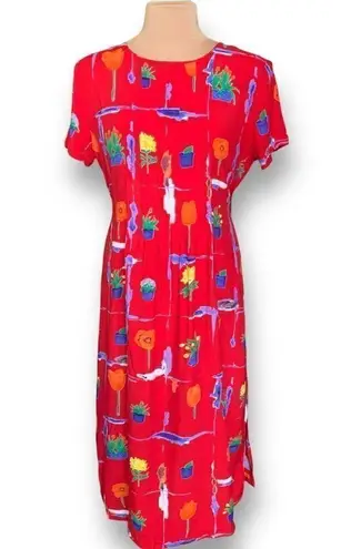 Vintage Spiegel Dress Red Multicolor Plant Floral Print Bow Tie Detail Maxi Size 14W