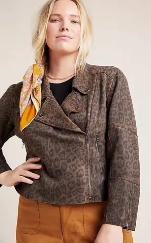 MARRAKECH Marni Leopard Moto Jacket Faux Suede Leather Brown Sz M Anthropologie Size M