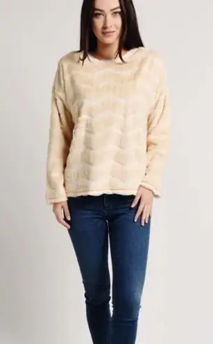 Dylan Faux Fur Brown & Tan Chevron Stripe Vintage Drop Shoulder Pullover XS NWT