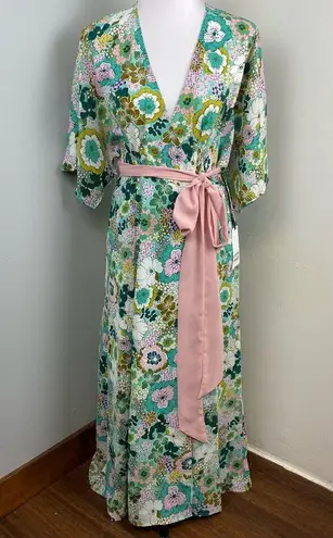 Unique Vintage Retro Floral Pastel Kimono Wrap Midi Dress Small NEW