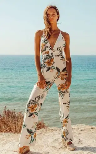 Salty Crew Le Salty Label Eden Floral V-Neck Plunge Wide Leg Backless Jumpsuit White XS