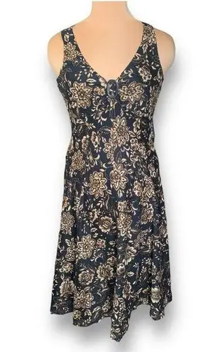 Jones New York  Signature Dress Black Beige Floral Cotton V-neck Sleeveless Midi